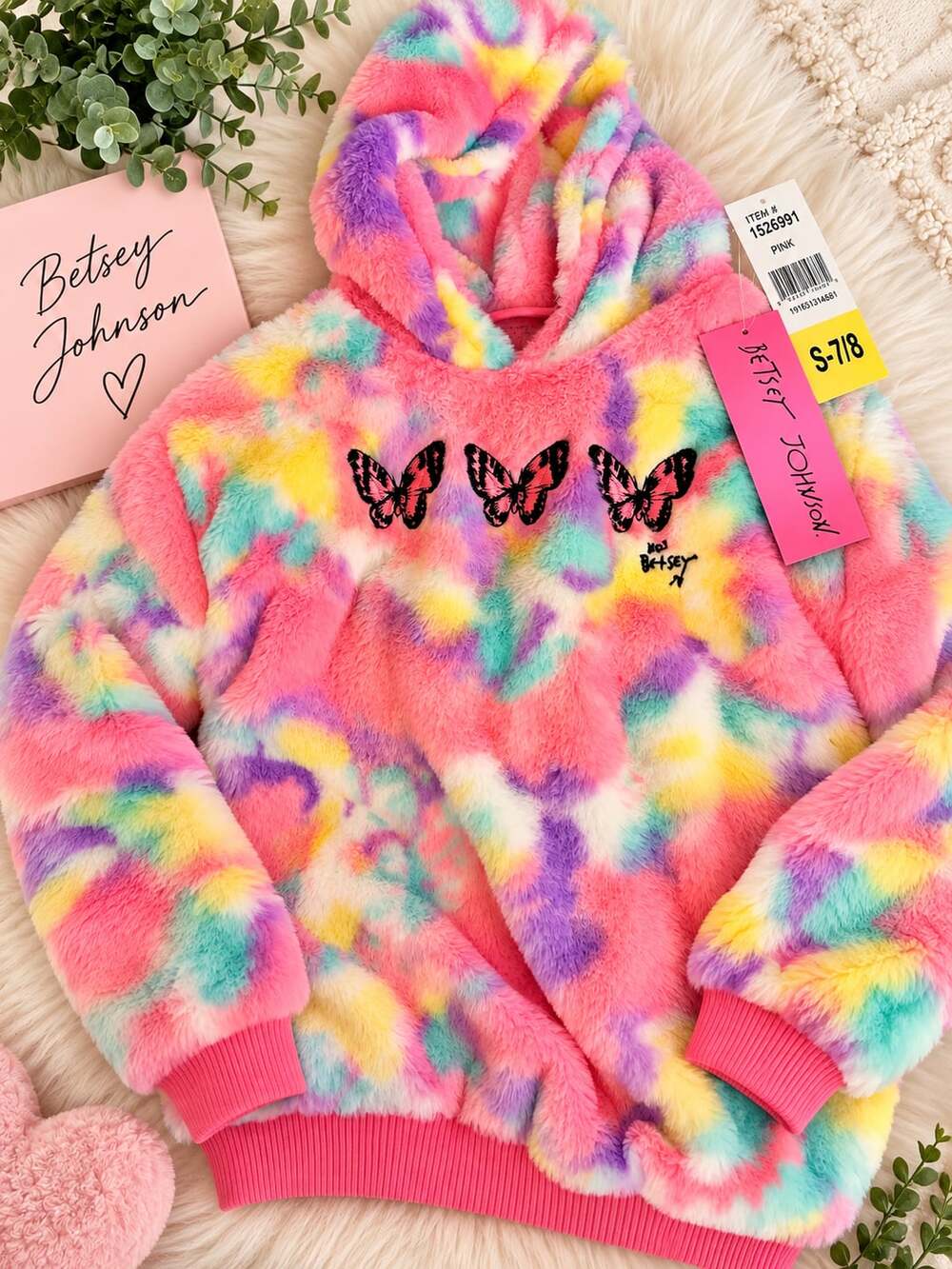 Betsey Johnson Faux Fur Butterfly Tie Dye Hoodie Size S 7/8